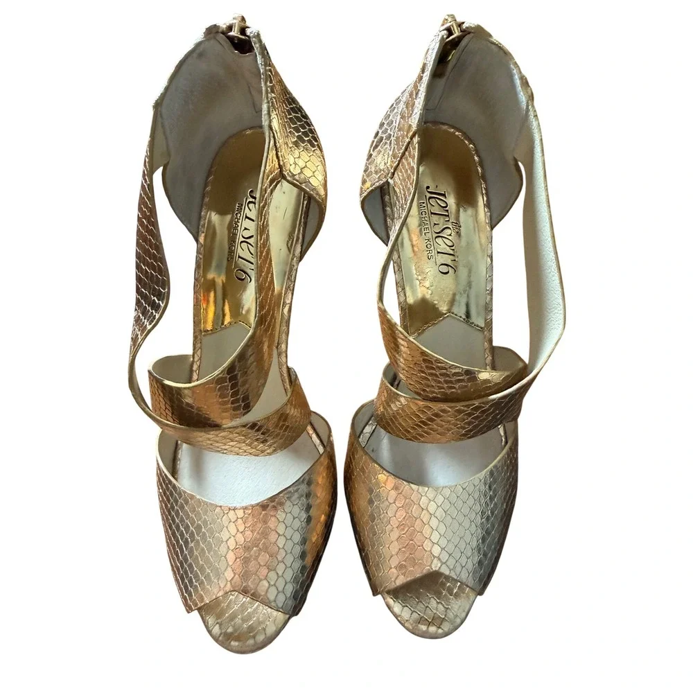 Michael Kors The Jet Set 6 Heels Women 7M Gold Snakeskin Stiletto Peep Toe